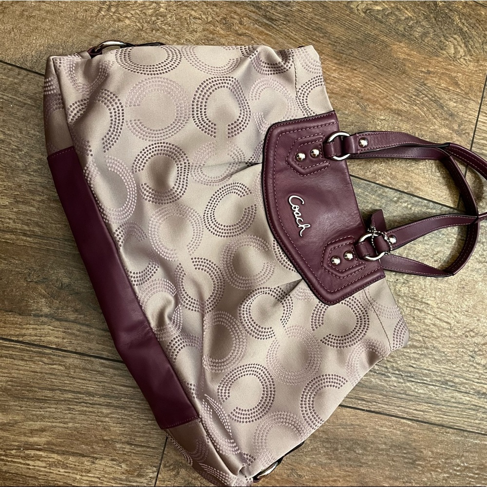 EUC Coach “C” Shoulder Bag with Purple Leather Details